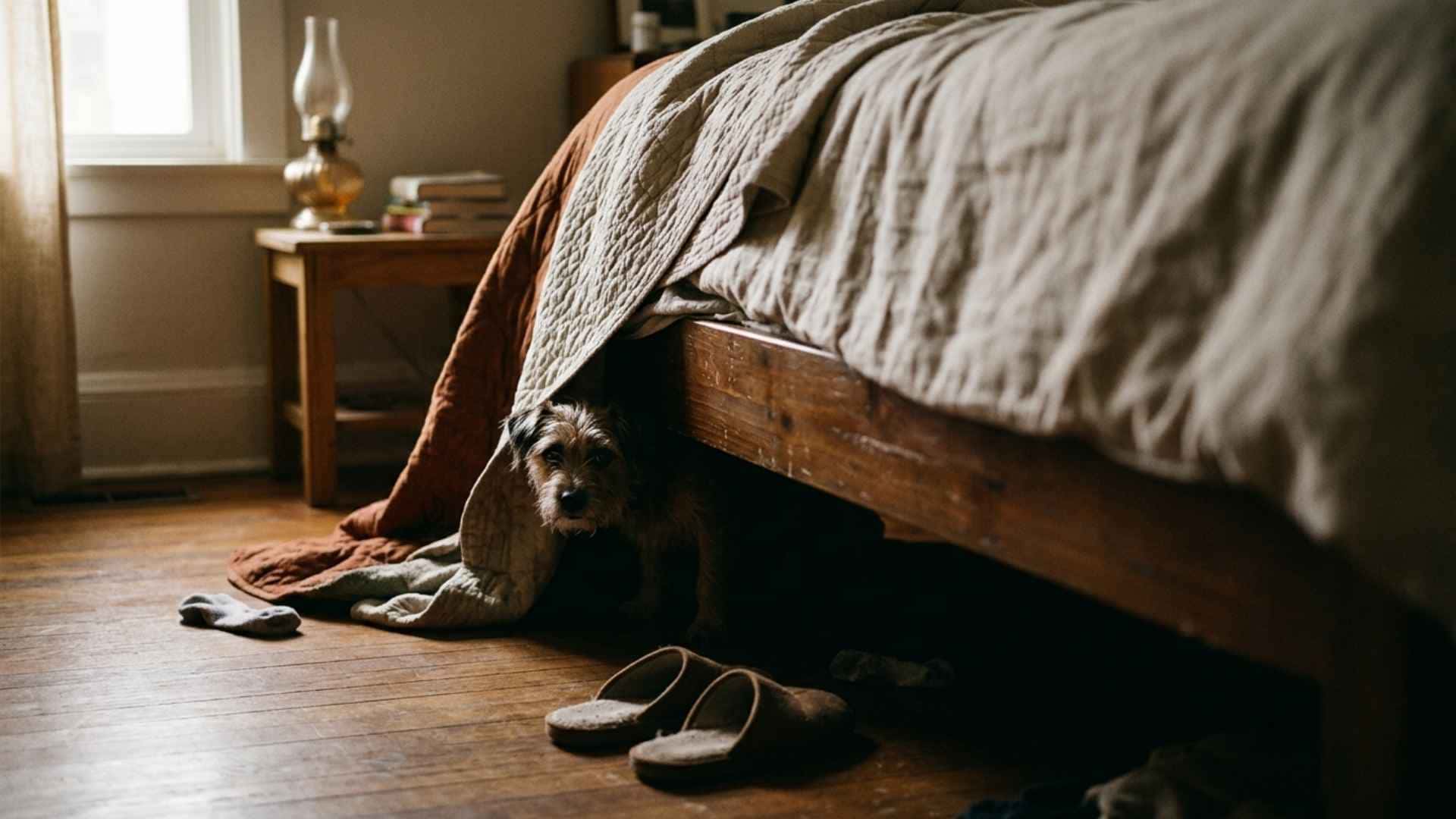 perro miedoso escondido debajo de la cama